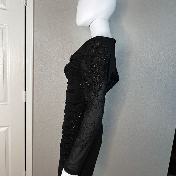 Belle Badgley Mischka Size 4 Dress Sequin Mesh Cowl Neck Black Gothic Glam - Picture 6 of 11